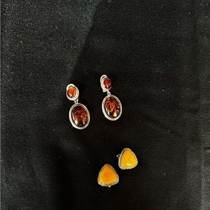 Two pair Sterling silver and amber clip earrings